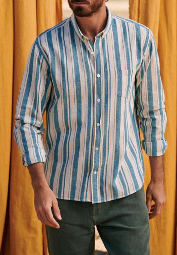 Blue Turquoise Stripe Cotton Linen Blend Shirt