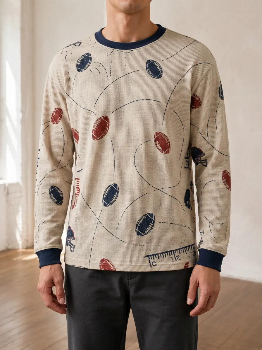 Men's American Football Lover Rugby Ball Printed Long Sleeve Top