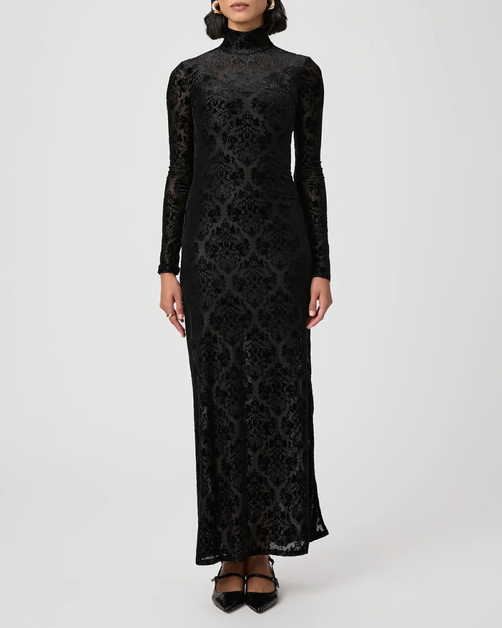 Black Lace Patterned Long Sleeve Maxi Dress