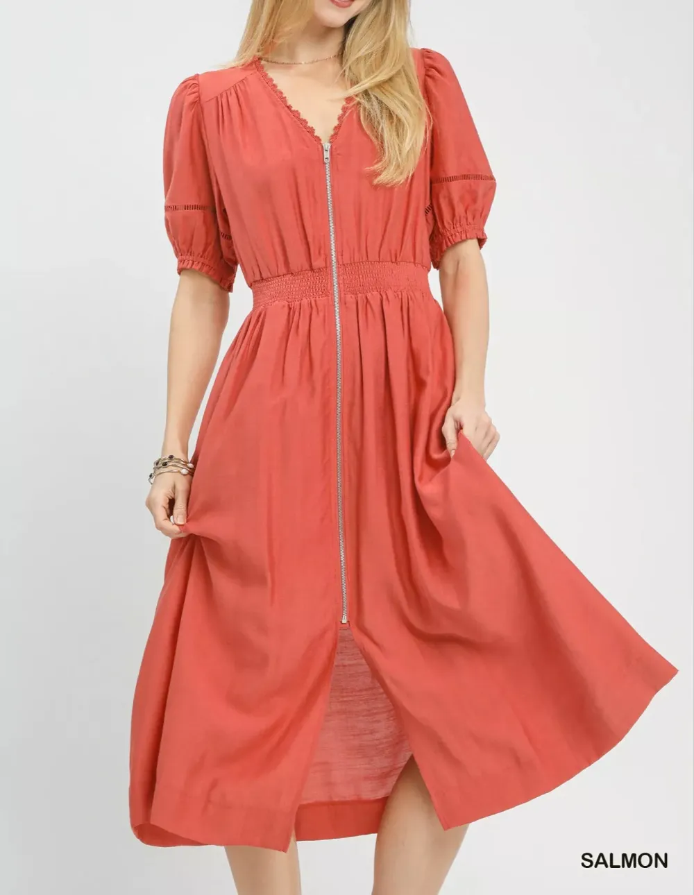 Zip-Front Smocked Waist Midi Dress