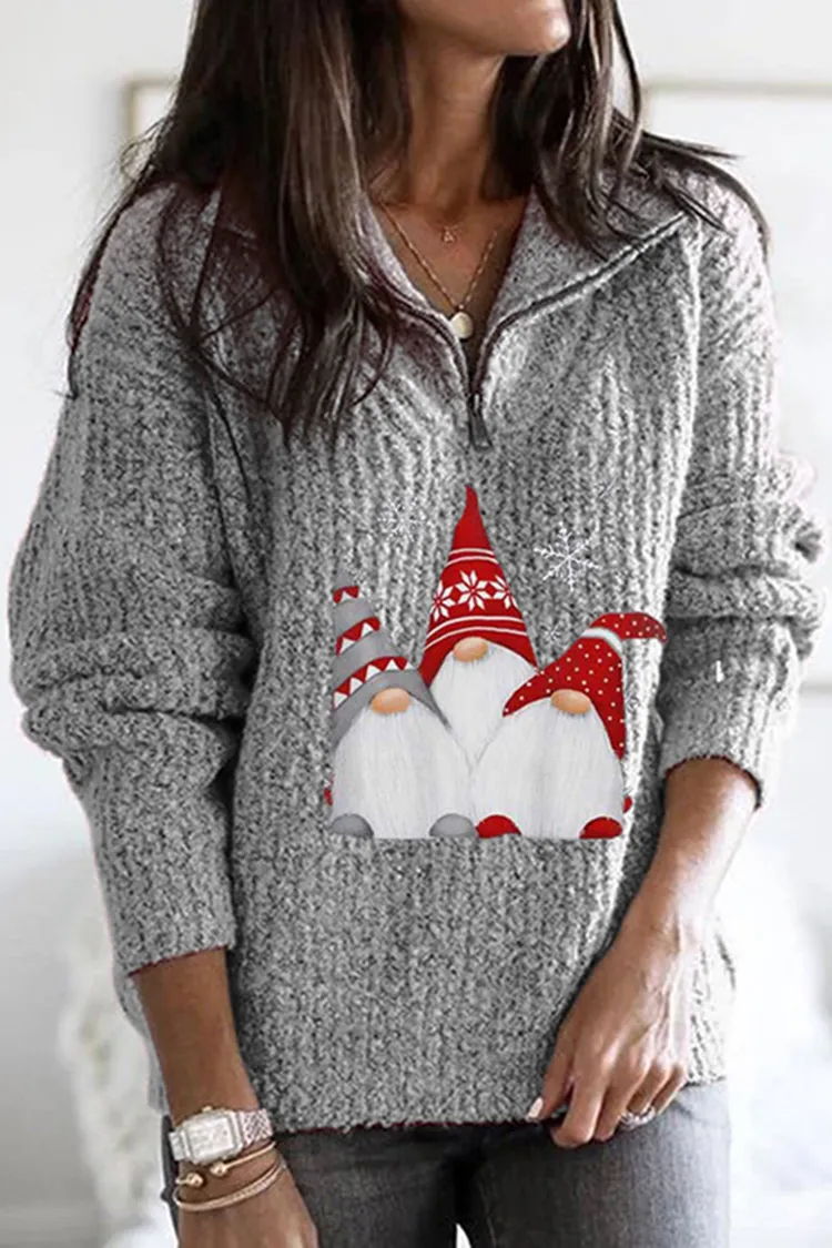 Santa Print Zipped Long Sleeve Knitted Sweater