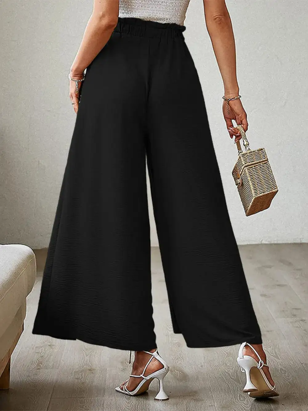 Wide Leg Tie Waist Slit Detail Casual Pants