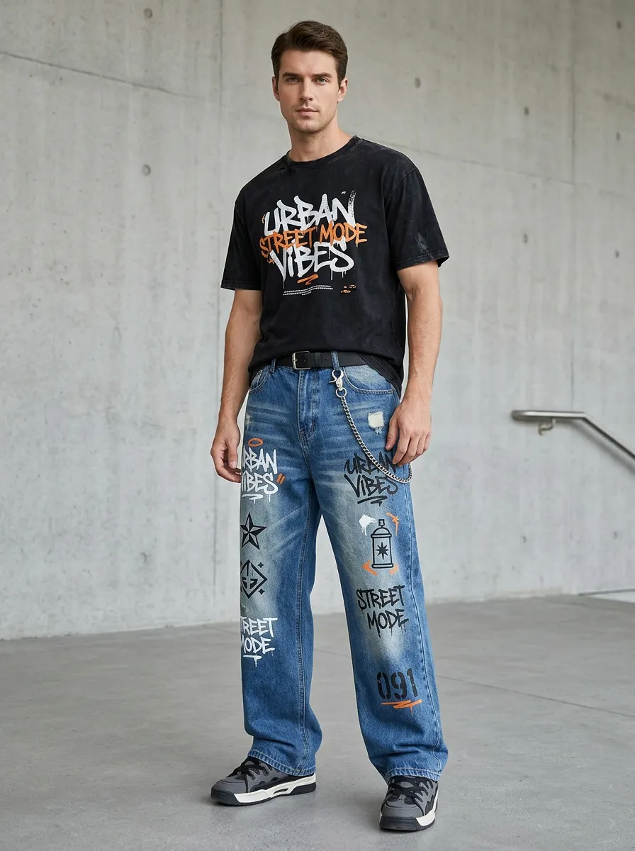 Unisex Nightlife-Inspired Streetwear Graffiti Jeans