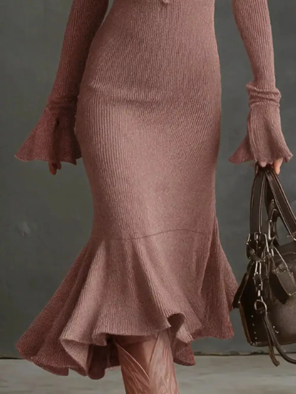 Ribbed Knit Zip Front Midi Dress