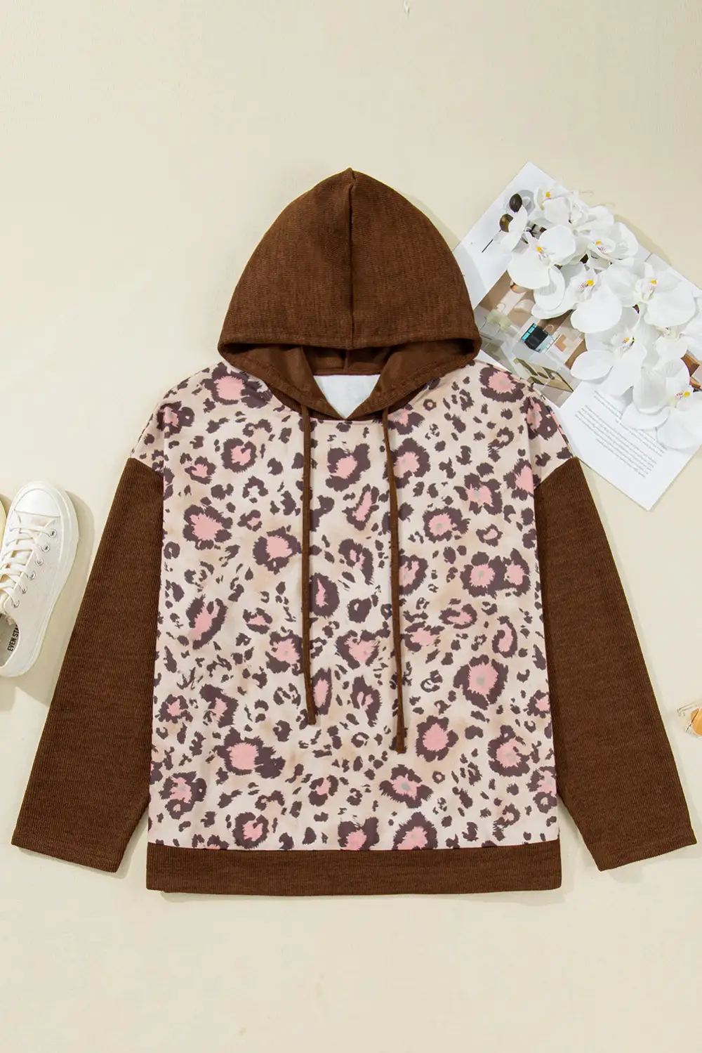 Ribbed Textured Knit Leopard-Print Hoodie