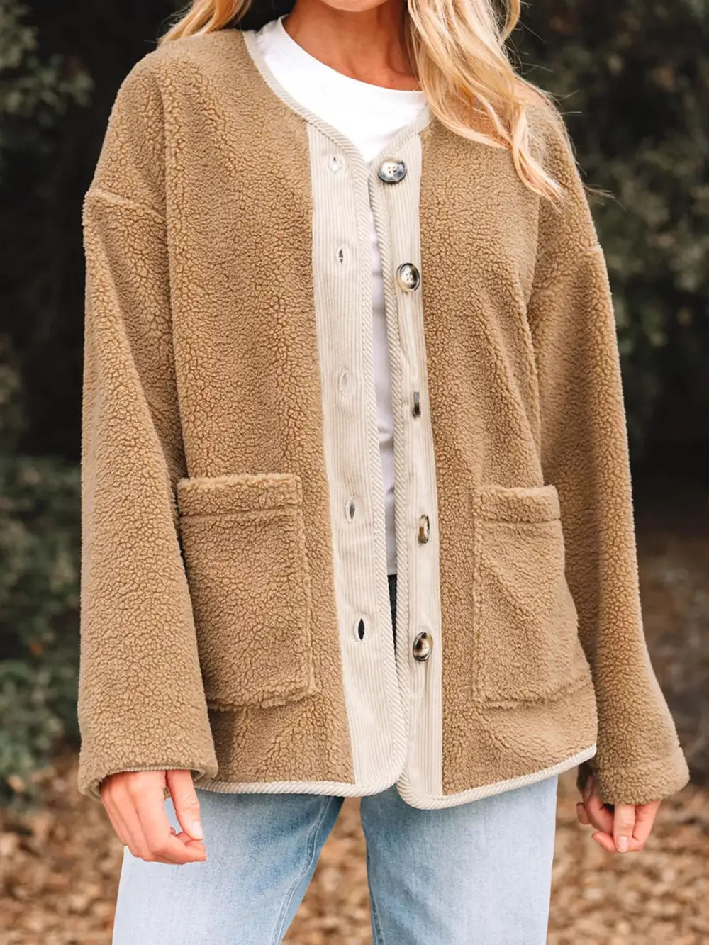 Puffy Plush Corduroy Edge Patchwork Jacket With Pockets