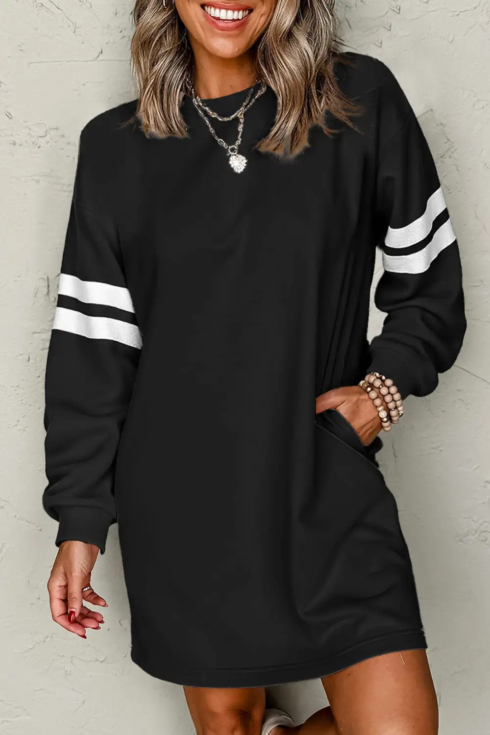 Varsity Contrast Banded Sleeve Shift Sweatshirt Dress Relaxed