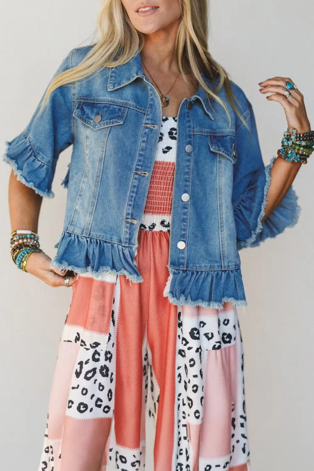 Women's Ruffle Hem Raw Edge Half Sleeve Western Denim Jacket