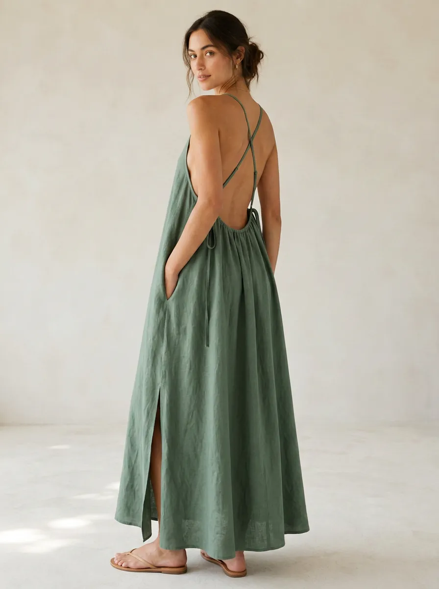 Women's Coastal Casual Linen Maxi Backless Dress