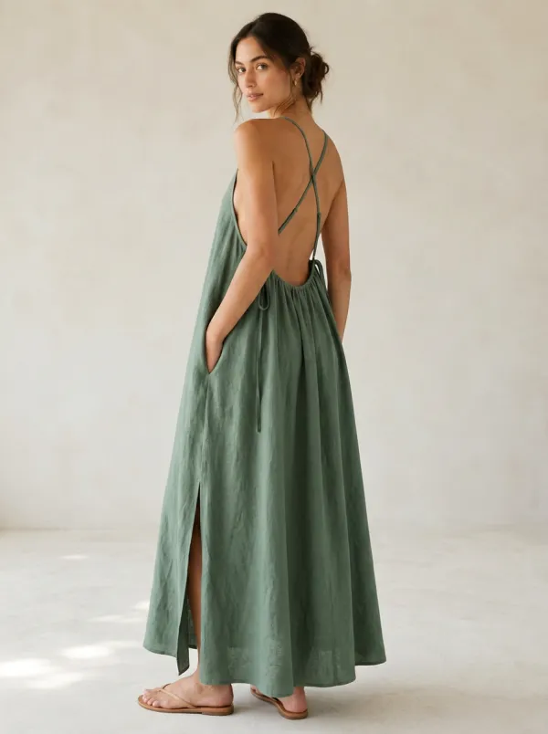 Women's Coastal Casual Linen Maxi Backless Dress