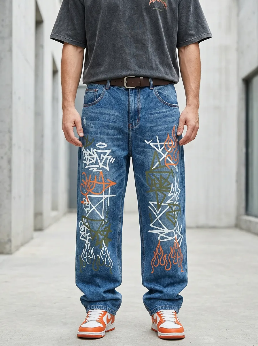 Unisex Statement Streetwear Graffiti Flame Jeans