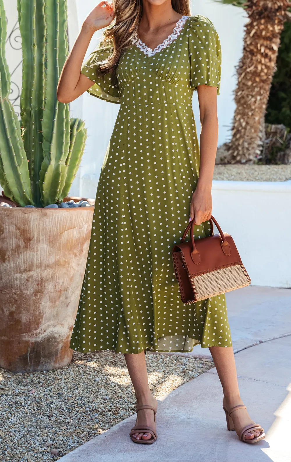 Polka Dot Print Lacy Neckline Smocked High Waist Maxi Dress