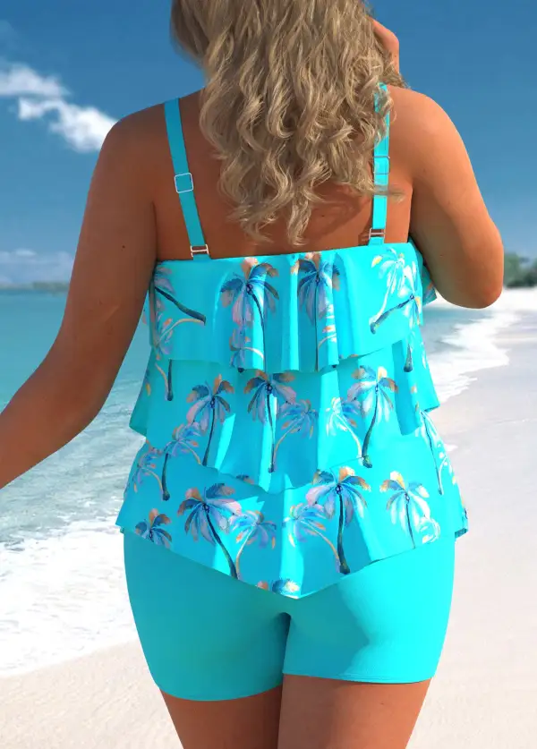COCONUT TREE PRINT CYAN LAYERED HEM TANKINI SET