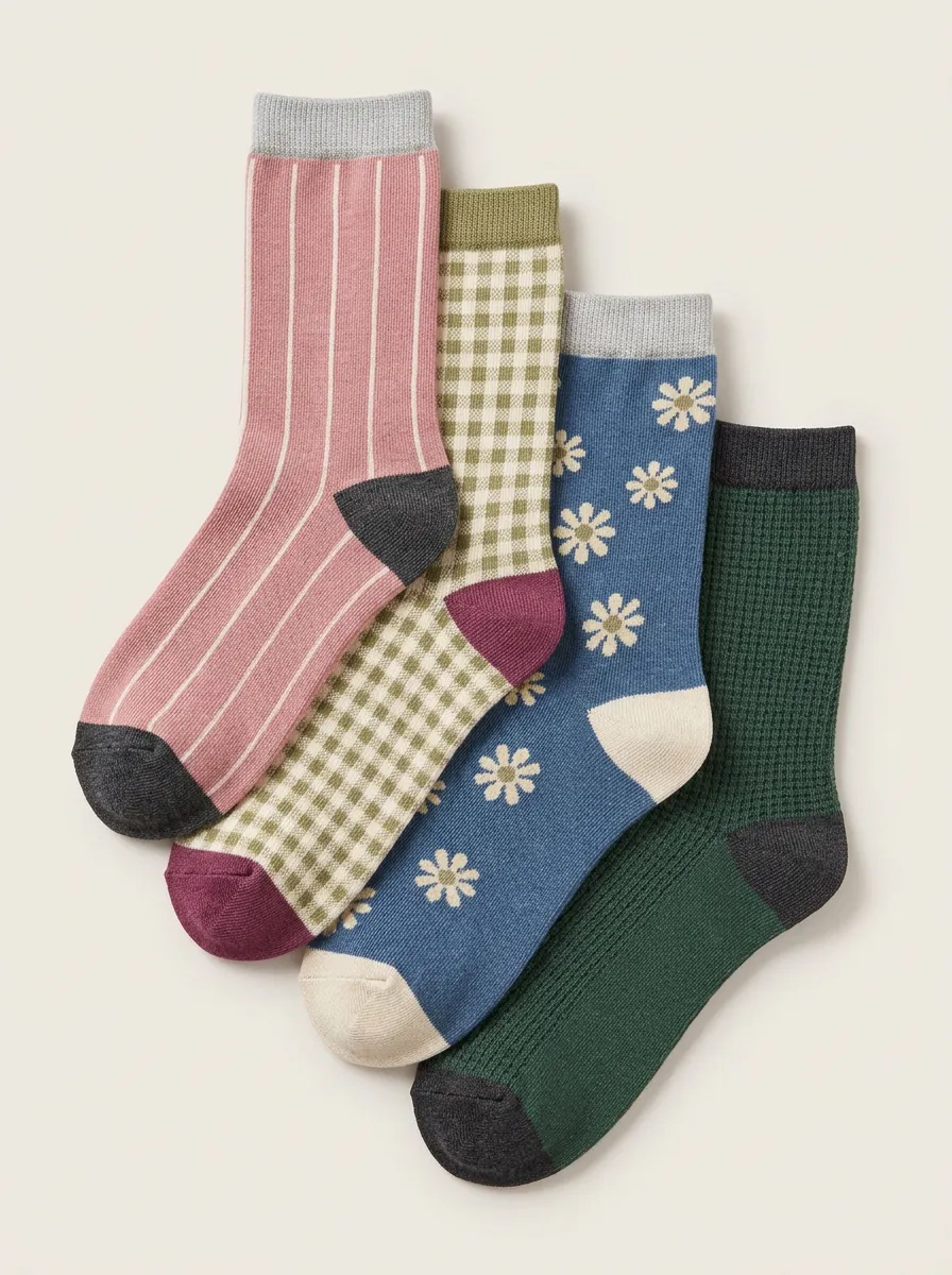 Gingham Floral Striped Vintage Four-Pair Casual Socks