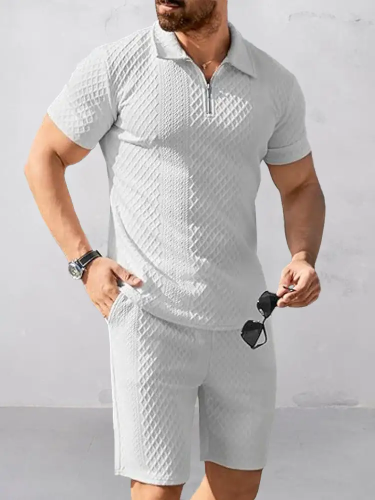 Trendy Textured Polo Shorts Outfit Two Piece Set