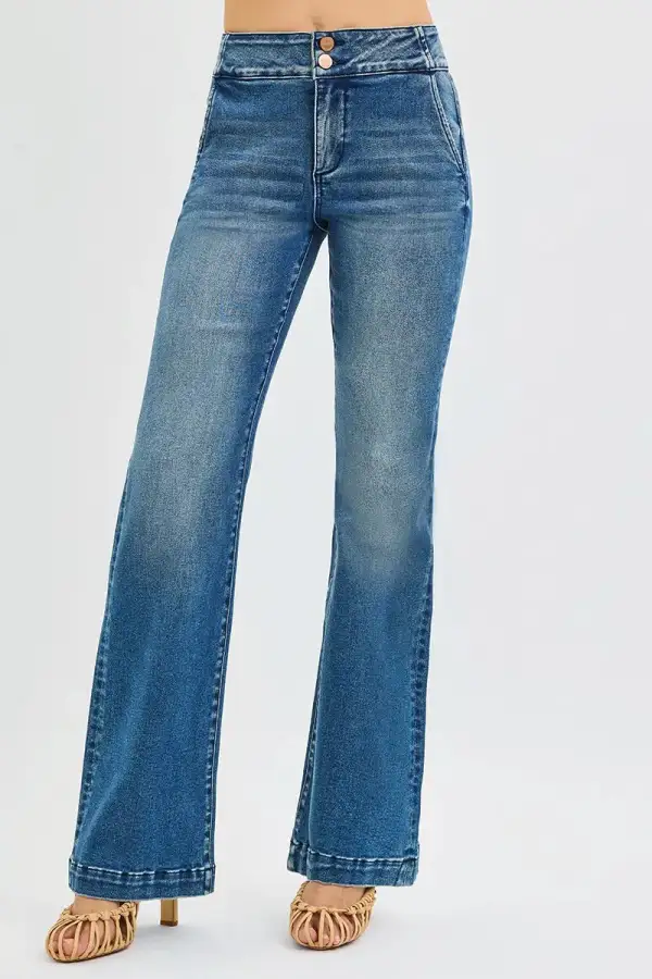 Washed High Waist Flare Leg Button Denim Jeans