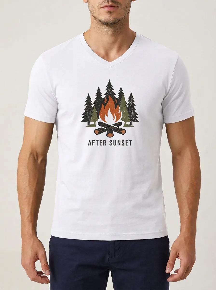 Men's Camping Lover After Sunset Campfire Forest Printed V-neck T-shirt