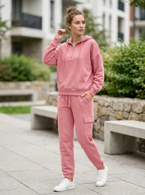 Women's Casual Sporty Forest Green Embroidered Half-Zip Hoodie Cargo Jogger Set