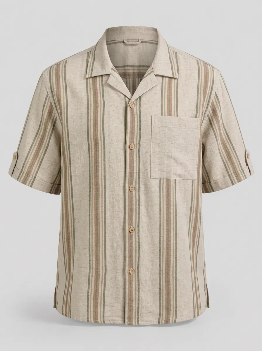Men's Casual Summer Beige Striped Printed Linen Blend Shirt
