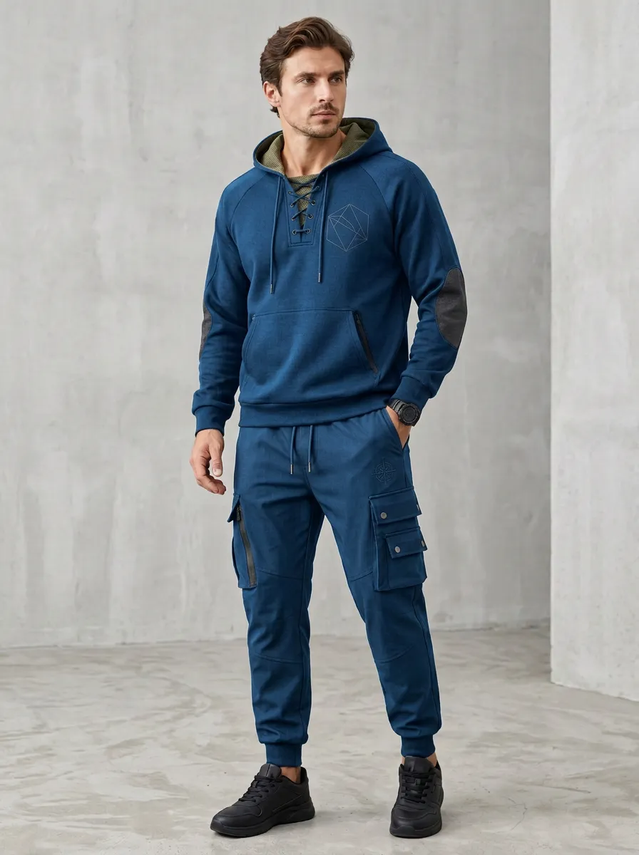 Trail-Inspired Lace-Up Geometric Edit Men's Lace Up Hoodie And Cargo Jogger Set