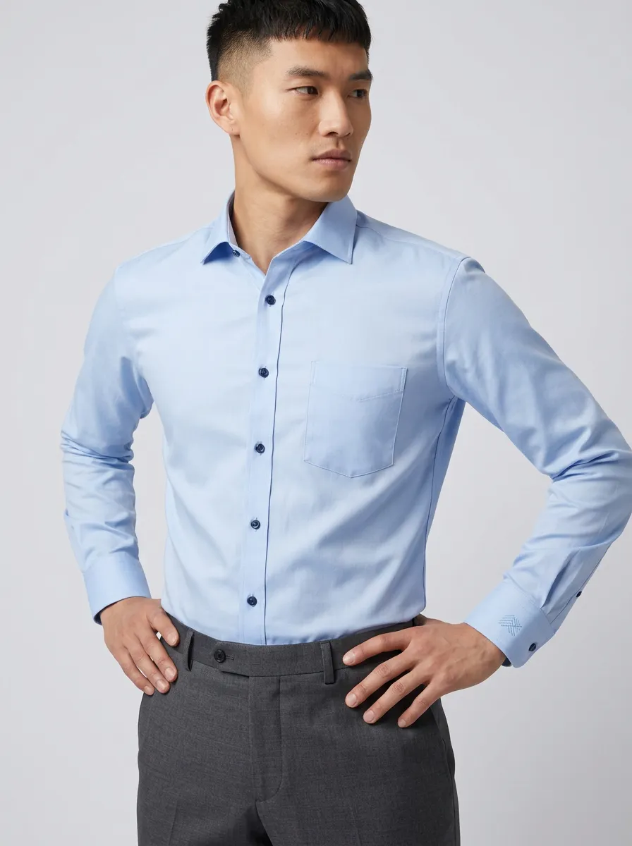 Men's Non-Iron Cotton Light Blue Embroidered Cuff Dress Shirt