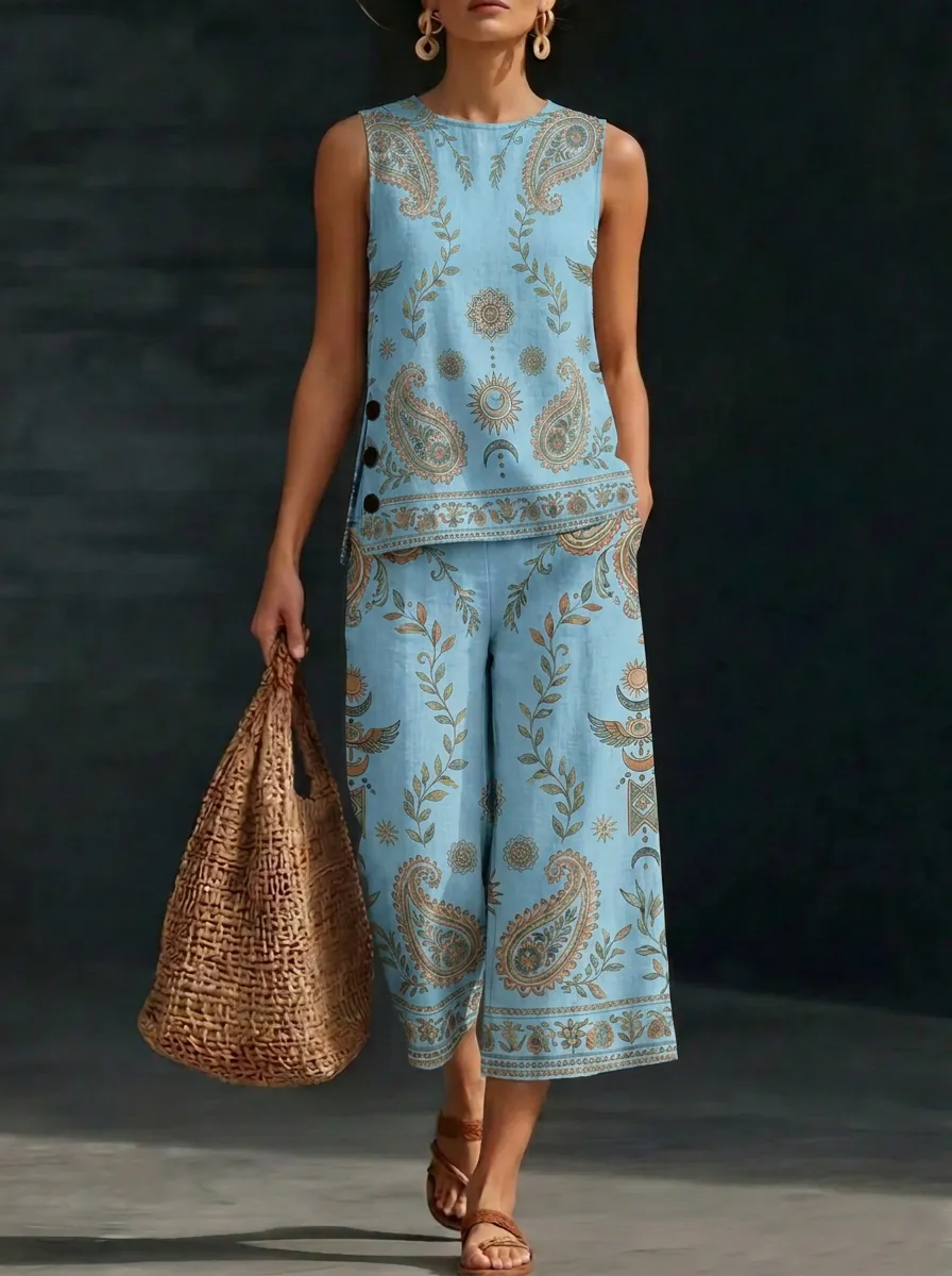 Women's Boho Paisley Sun Moon Printed Sleeveless Set