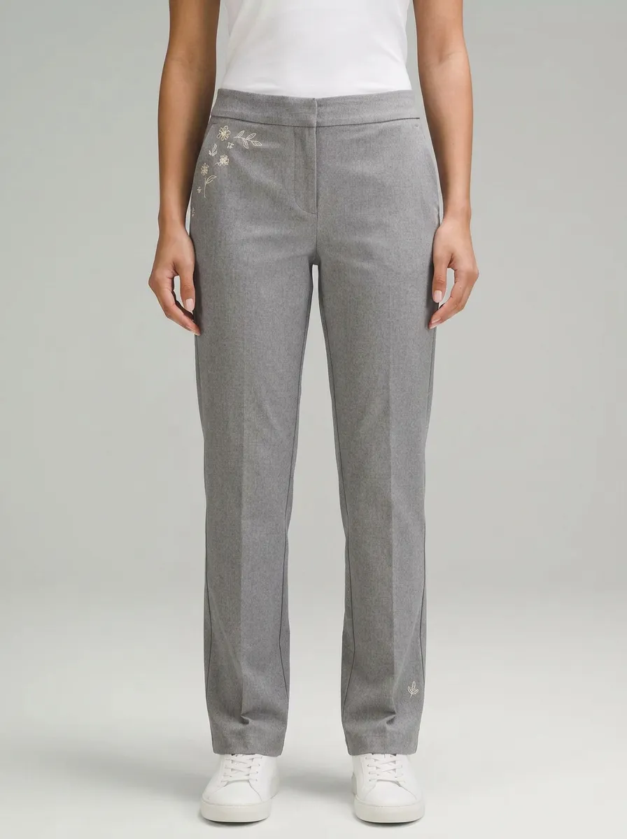 Women's Floral Minimalist Embroidered Mid-Rise Straight Leg Pants