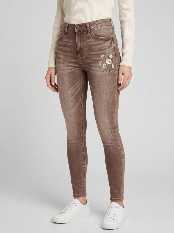 Women's Floral Pink Flower Embroidered Graphic Slim Jeans