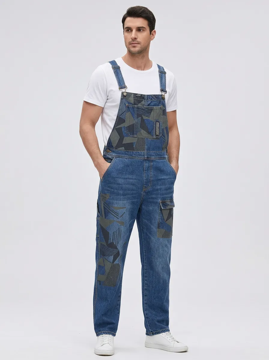 Geometric Print Denim Overalls