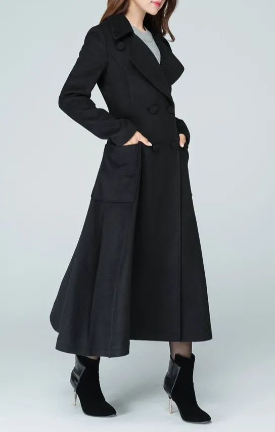 Wool Tailored Hooded Double Breasted Ruffle Trim Long Coat