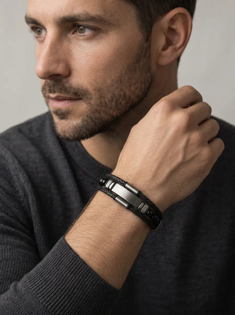 Men's Streamlined Minimalist Braided Leather Stainless Steel Bracelet