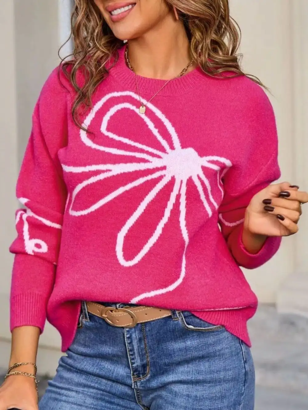 Long Sleeve Crew Neck Floral Sweater