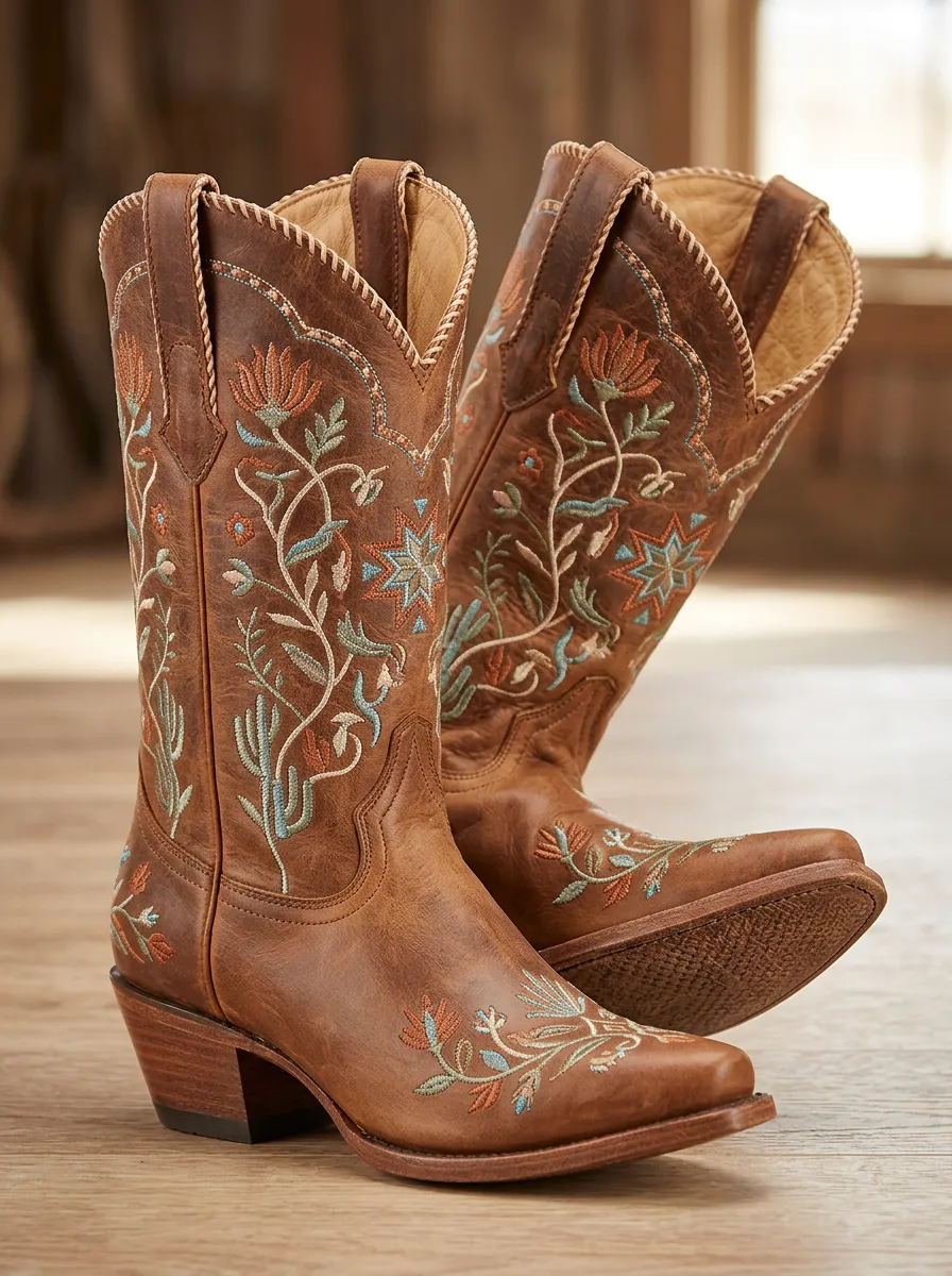 Floral Star Embroidered Unisex Western Cowboy Boots