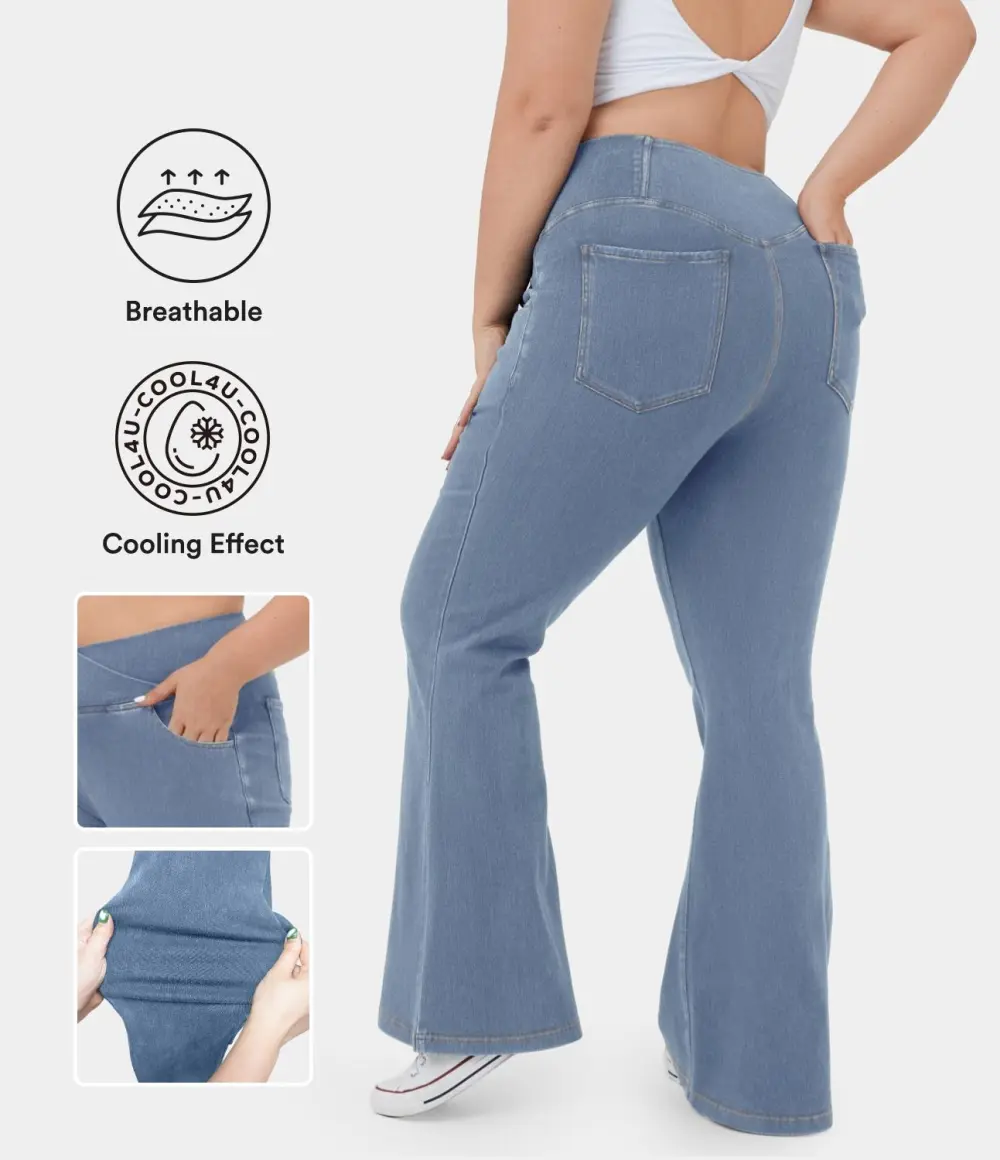 Magic High Waisted Crossover Pocket Cool Touch Breathable Washed Stretchy Knit Plus Size Casual Super Flare Jeans