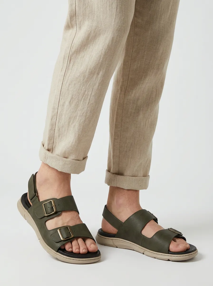 Men's Olive Green Faux Leather Double Buckle Printed Sandals