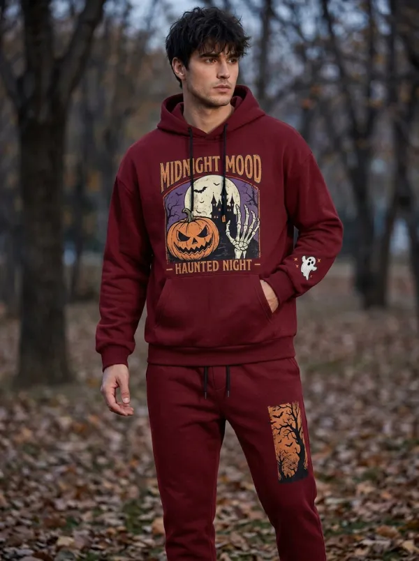 Men's Halloween Charcoal Heather Midnight Mood Pumpkin Skeleton Ghost-Sleeve Hoodie Jogger Set