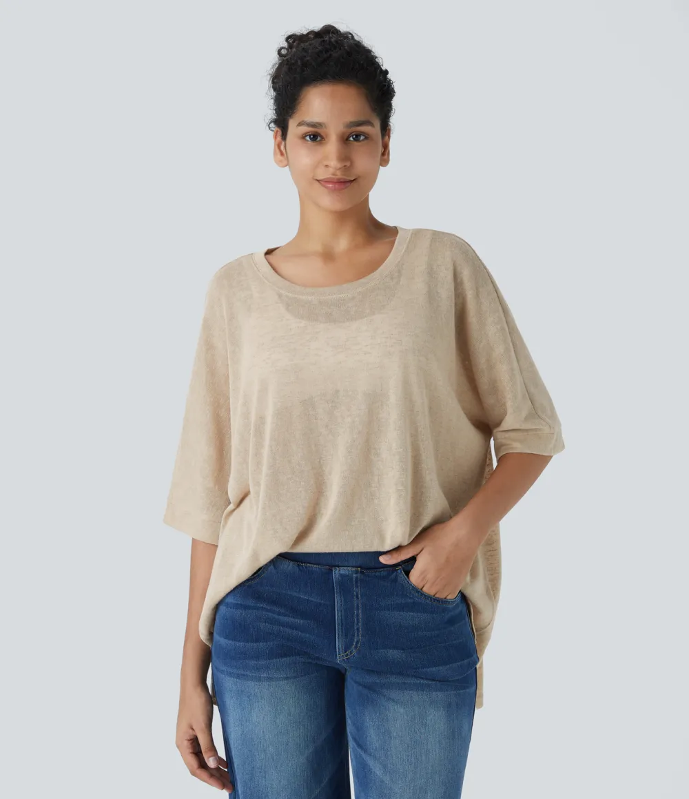 Asymmetric Split Hem Sheer Oversize Casual Top