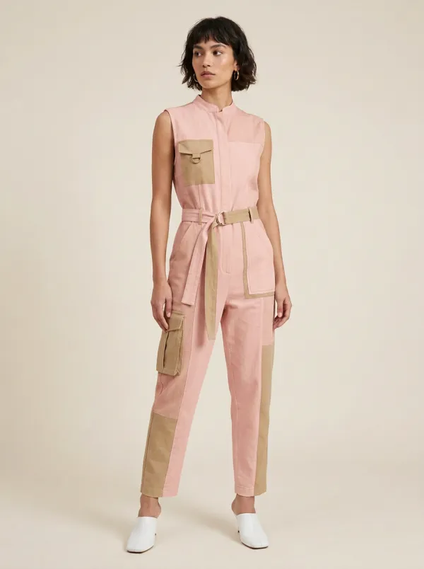 Women's Casual Utility Beige Patchwork Sleeveless Jumpsuit
