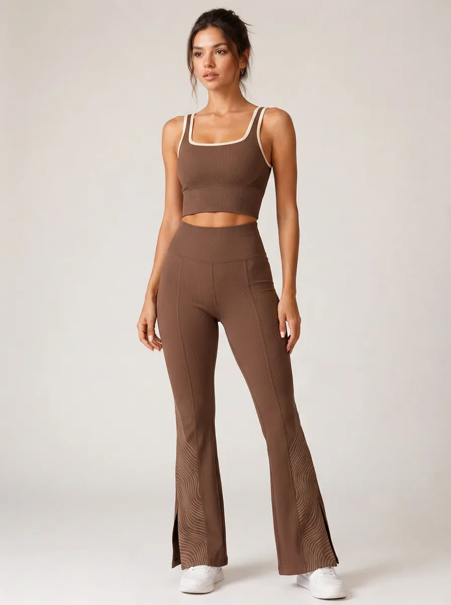 Women's Yoga Fitness Brown Ribbed Wave Pattern Printed Workout Set