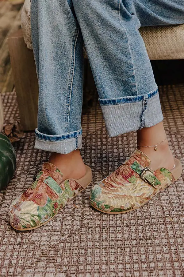 Floral Tapestry Round Toe Slip On Clogs