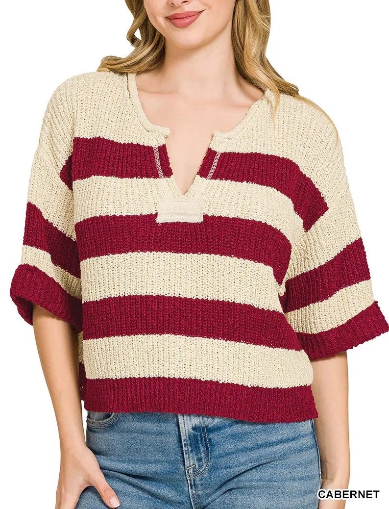 Split Neck Stripe Sweater