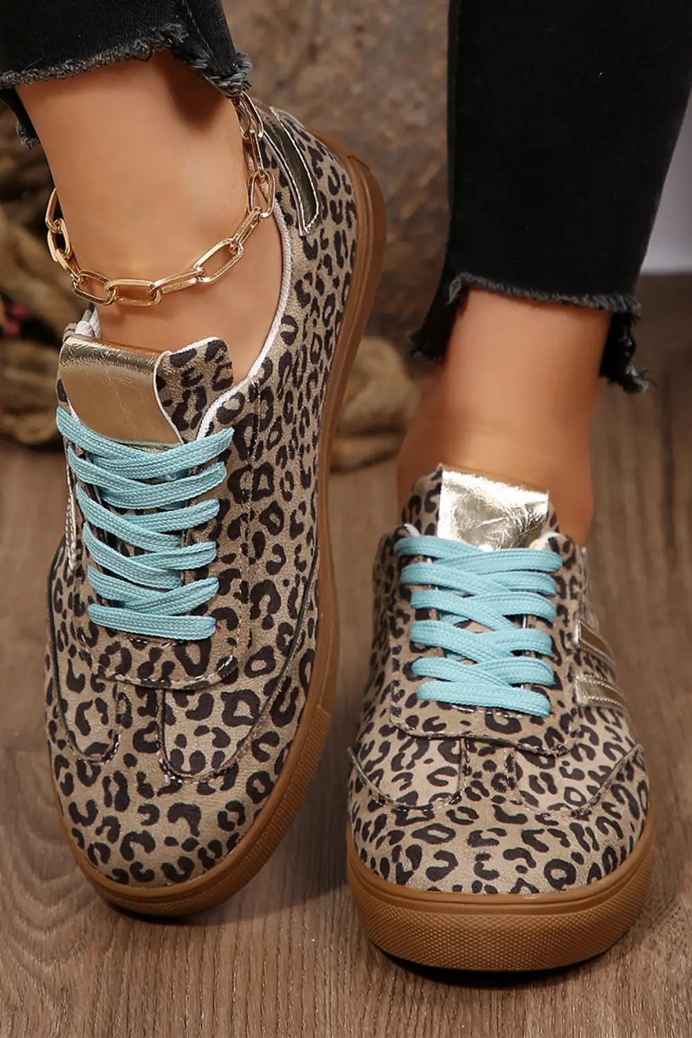Leopard Faux Suede Leather Lace-Up Casual Sneakers
