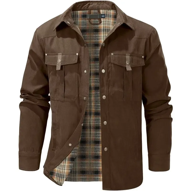 Men's Classic Casual Plaid Flannel-Lined Shirt Jacket – Twill Fabric