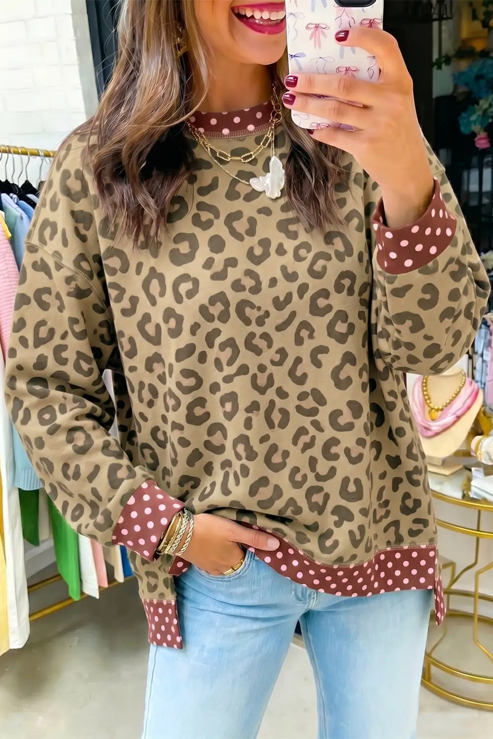 Polka Dot Relaxed Stretch Fabric Long Sleeve Top