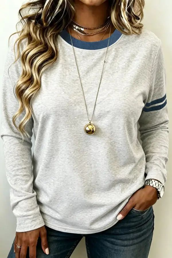 Striped Round Neck Denim Accent Relaxed Long Sleeve Top