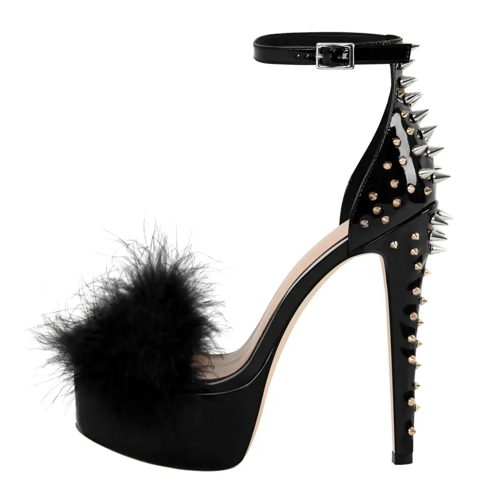 Fur Platform Rivet Ankle Strap Stiletto Sandals