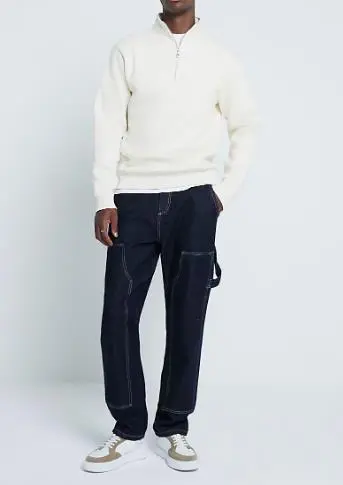 Men's Cream Regular Fit Zip Neck Top