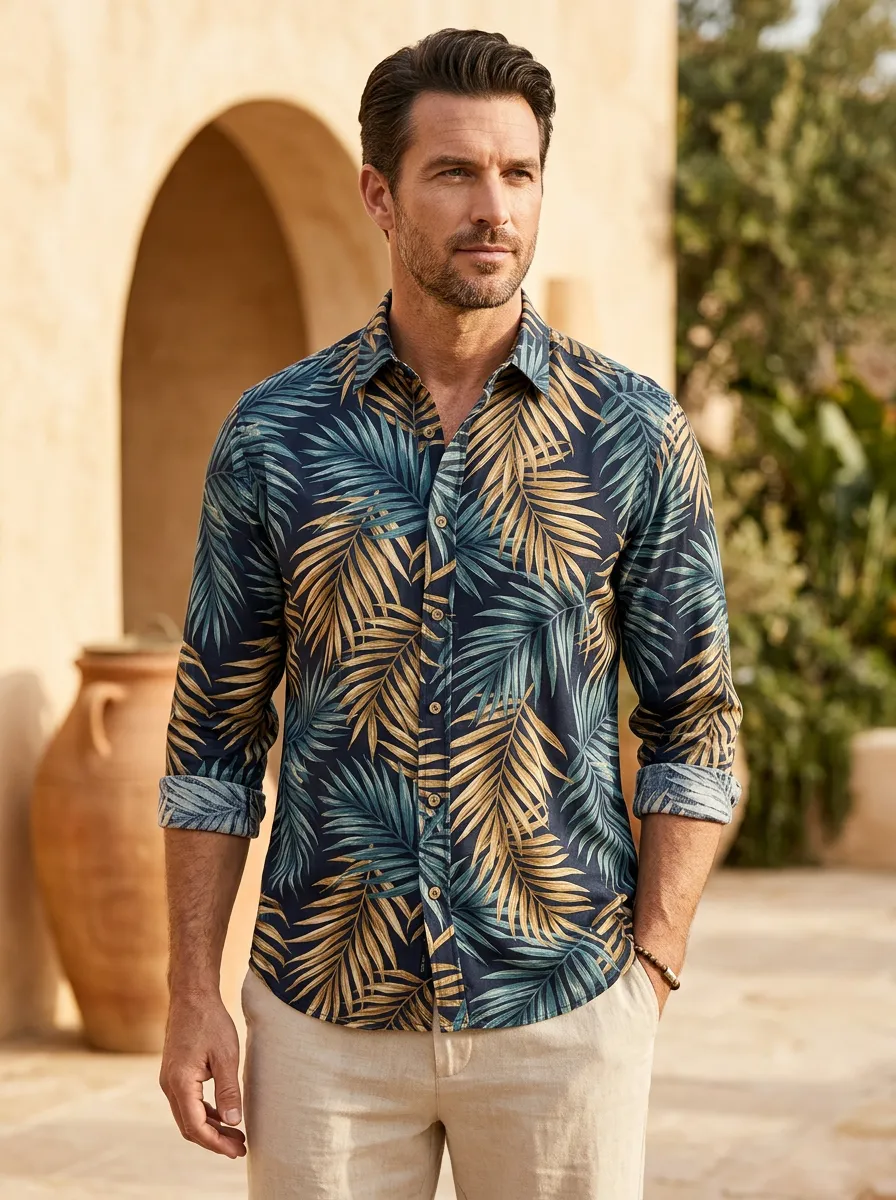 Men's Palm Print Long-Sleeve Button-Down Shirt