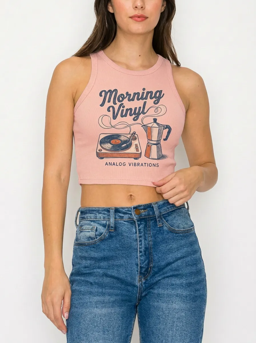 Women's Music Coffee Morning Vinyl Analog Graphic Ribbed Crop Tank Top