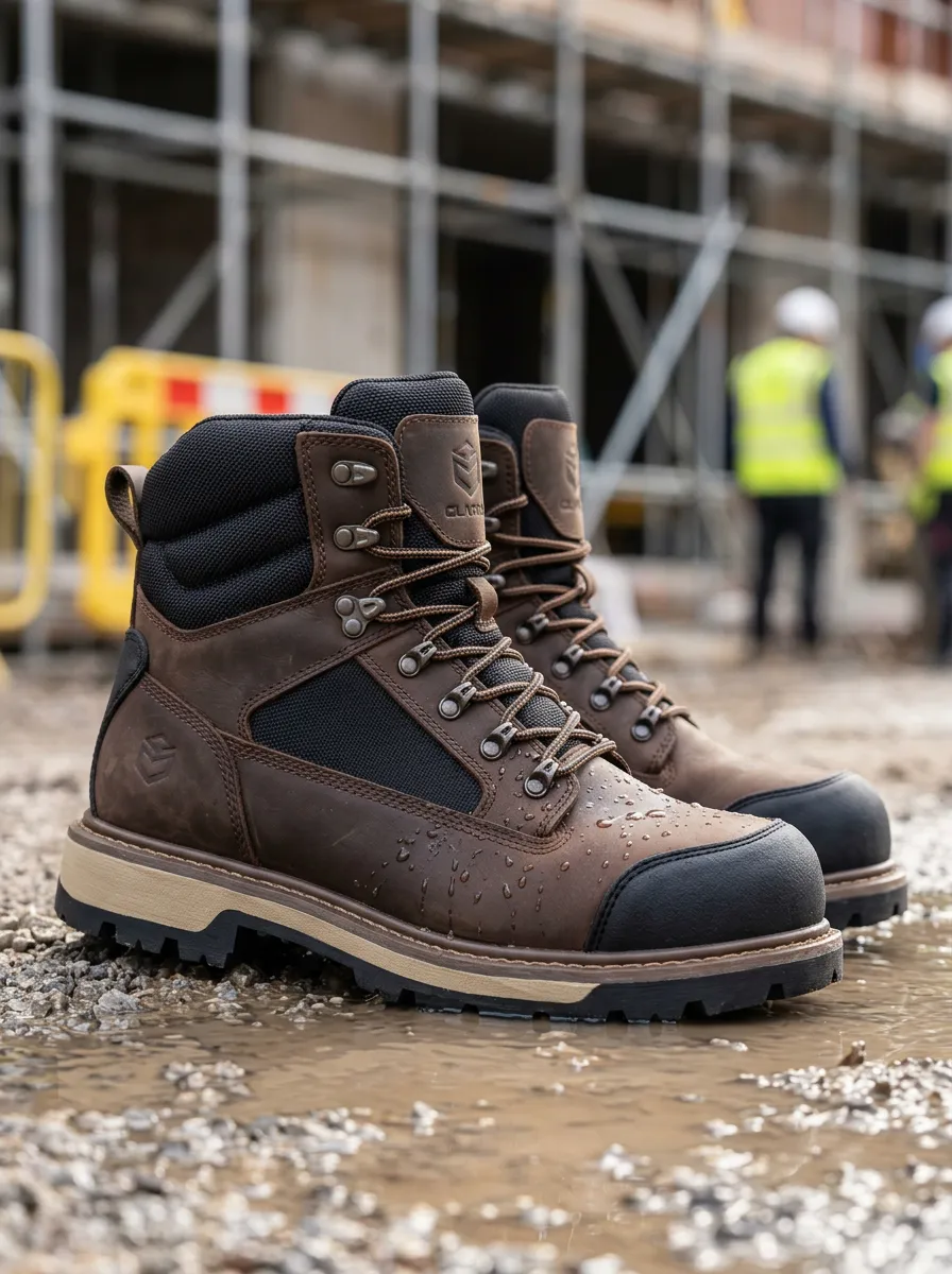 Men's Brown Leather Printed Waterproof Work Boots for Construction